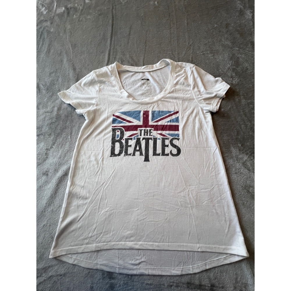 The Beatles Graphic Tee Womens Small White Union Jack British Flag T-Shirt